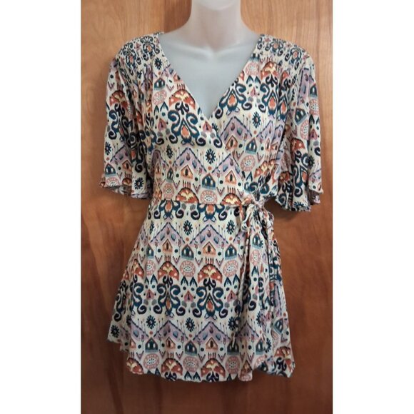Torrid Top Womens 2X Wrap Colorful All OVer Print Mosaic House Flowy Sleeve - Picture 1 of 4